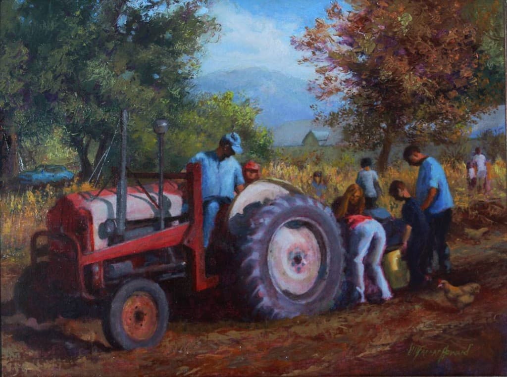 Impressionistic oil painting of a red tractor in a field with people gathered nearby, trees and distant mountains