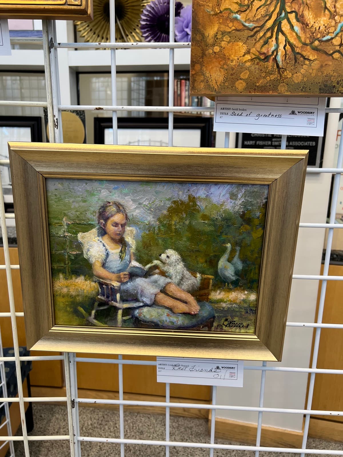 Impressionist oil painting of a pastoral figure with sheep and graceful swans in a soft, sunlit landscape